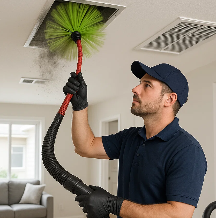 Technician cleaning residential air ducts in El Lago TX to remove dust, pollen, pet hair, and insulation residue for cleaner indoor air.